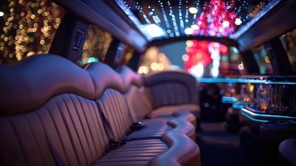 Couple celebrating New Year’s in stretch limo Kansas City